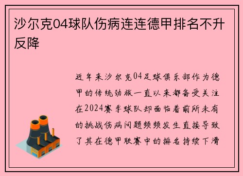 沙尔克04球队伤病连连德甲排名不升反降